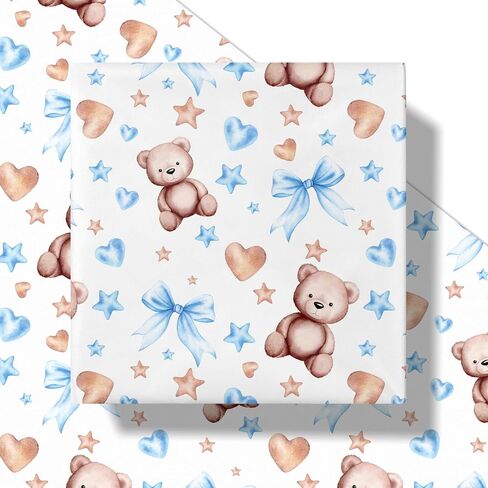 Ruspepa Bear Bow Wrapp Paper Roll for Baby Boy و Mini Roll و Blue Bear with Heart و Boy and Star Gift Wrap for Baby Shower و Hirdivar in Kuwait