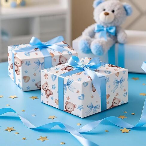 Ruspepa Bear Bow Wrapp Paper Roll for Baby Boy و Mini Roll و Blue Bear with Heart و Boy and Star Gift Wrap for Baby Shower و Hirdivar in Kuwait