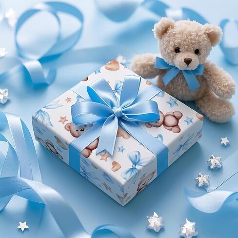 Ruspepa Bear Bow Wrapp Paper Roll for Baby Boy و Mini Roll و Blue Bear with Heart و Boy and Star Gift Wrap for Baby Shower و Hirdivar in Kuwait
