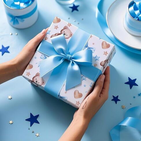 Ruspepa Bear Bow Wrapp Paper Roll for Baby Boy و Mini Roll و Blue Bear with Heart و Boy and Star Gift Wrap for Baby Shower و Hirdivar in Kuwait
