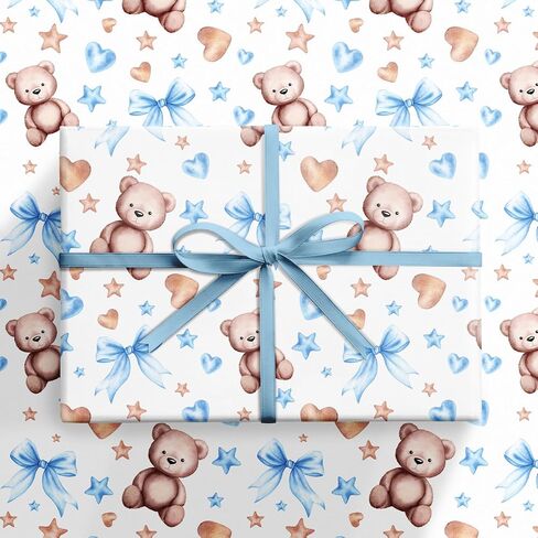 Ruspepa Bear Bow Wrapp Paper Roll for Baby Boy و Mini Roll و Blue Bear with Heart و Boy and Star Gift Wrap for Baby Shower و Hirdivar in Kuwait
