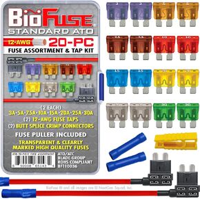 12 AWG Standard ATO 20 Piece Automotive Car Fuse Assortment & Tap Kit: 16 ATO Regular Blade Fuses 3A 5A 7.5A 10A 15A 20A 25A 30A + 2 Fuse Taps + 2 Butt Splice Crimp Connectors + Puller
