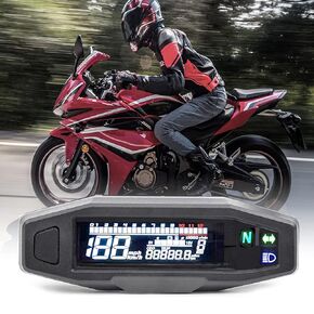 Universal Motorcycle Speedometer 6 Gear 12000 RPM Km/h MPH LCD VA Screen Motorcycle Odometer, Digital Odo-Meter Electric Motor Bike Tachometer with Stainelss Steel Brasket