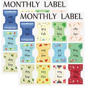 2 Sheets Colorful Monthly Adhesive Tabs, 24 Pcs Monthly Divider Tabs, 1-12 Months per Sheet,Waterproof Month Tabs for Planner
