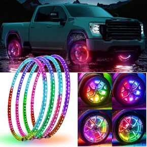 17" Dream Chasing Colors Light Flow Double Rows LED Wheel Rings Lights Assemblies Fits for Truck Offroad SUV with 21-28 Inches Tires Wheels Bluetooth Controller