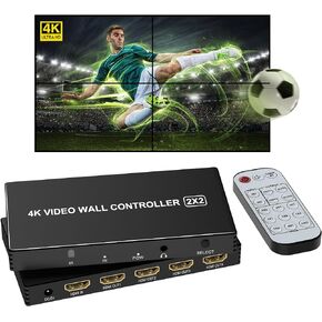 4K UHD Video Wall Controller 2x2, HDMI TV Wall Controller Support 180 Degree Rotate, 3.5mm Audio, 4K UHD Display, 8 Splicing Modes 2x2,1x2,1x3,1x4,2x1,3x1,4x1, Remote Control + Button Press Control