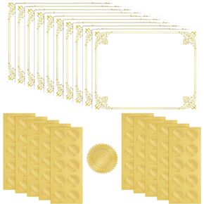 50 Pieces Gold Foiled Blank Certificate Paper Award Paper Award Certificate Sheets with 100 Pieces Embossed Gold Foil Seals Gold Seals for Certificate Certificate Stickers for Printer, 11 x 8.5 Inches