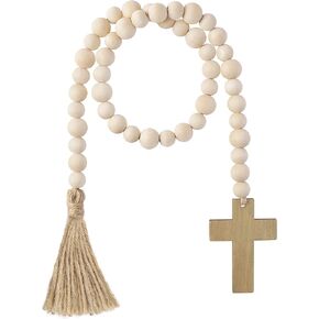 L1rabe Easter Wooden Bead Garland - Easter Jesus Cross Ornaments Bead Decoration Easter Hanging Decor Fireplace Ornaments Farmhouse Tiered Tray Prayer Bead for Easter Spring Holiday Party
