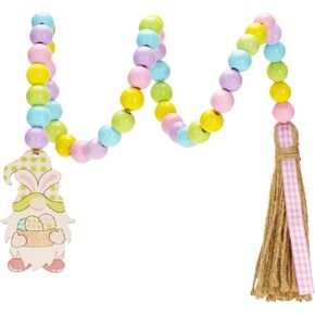 Easter Wood Bead Garland with Tassels, 33" Macaron Wooden Bead Tassel Garland with Rabbit, Farmhouse Tray Decor Beads Tassel Garland for Easter, Birthday, Home Decoration