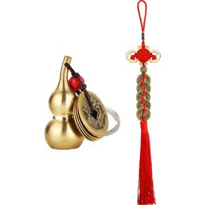 2 Pieces Chinese Coins Feng Shui and Brass Wu Lou Health Amulet Gourd Keychain Chinese Knot Lucky Charms Red String 2024 for Good Luck Fortune Wealth Health Success to Friends Families Lovers
