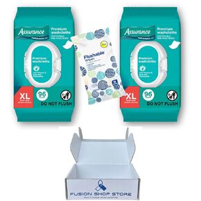 Assurance Wipes for adults - Premium Disposable Washcloths XL 96 ct (2) Set with Flushable Wipes plant-based fibers (1) Boxed by Fusion Shop Store