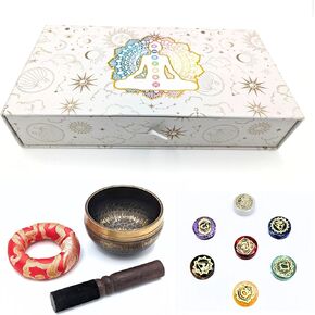 Brass Tibetan Singing Bowl with Wooden Handle and 7 Chakra Stones for Meditation, Mindfulness, Yoga, Gift Box