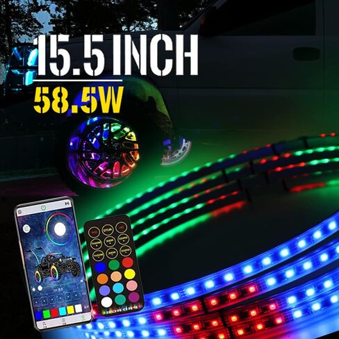 مجموعة أضواء حلقة العجلات مقاس 15.5 بوصة مع التطبيق والأشعة تحت الحمراء، 288 مصباح LED للرقص المتدفق بلون النيون وإشارة الانعطاف ووظيفة الكبح التي يتم التحكم فيها عن طريق التطبيق وجهاز التحكم عن بعد لسيارات الشاحنات وسيارات الدفع الرباعي مع وظيفة القفل in Saudi Arabia