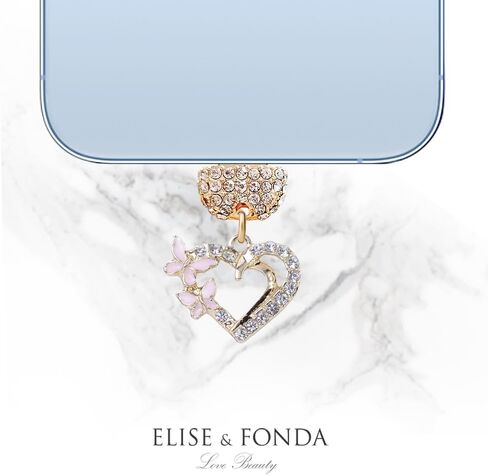 ELISE & FONDA CP620 منفذ شحن USB كريستال مضاد للغبار قابس قلب الحب الصغير مع سحر هاتف فراشة لهاتف iPhone 13/12/11/ XS MAX/XR/X/8 Plus/7/8/SE iPad iPod in Saudi Arabia