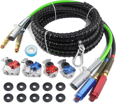 شاحنة 12 قدم 3 في 1 ABS وخرطوم خط الهواء الكهربائي مع مجموعة زنبركية ناعمة 3 في 1 التفاف 7 طرق مجموعة خطوط الهواء مع أختام مطاطية Gladhands وشريط تفلون لمقطورة جرار نصف شاحنات in Kuwait