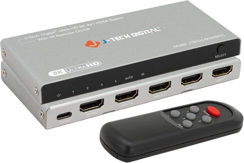 HDMI Switch 4K 120hz, HDMI 2.1 Switch 4 in 1 Out, 8K 60Hz 1080P 240Hz IR Remote HDMI Auto Switch USB C Power Cable, Compatible with HDR & Dolby Vision ALLM VRR QFT by J-Tech Digital [JTECH-8KSW41C] in Saudi Arabia
