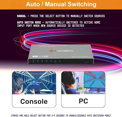 HDMI Switch 4K 120hz, HDMI 2.1 Switch 4 in 1 Out, 8K 60Hz 1080P 240Hz IR Remote HDMI Auto Switch USB C Power Cable, Compatible with HDR & Dolby Vision ALLM VRR QFT by J-Tech Digital [JTECH-8KSW41C] in Saudi Arabia