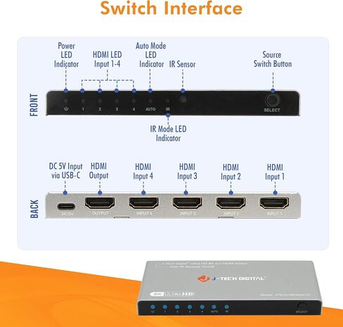 HDMI Switch 4K 120hz, HDMI 2.1 Switch 4 in 1 Out, 8K 60Hz 1080P 240Hz IR Remote HDMI Auto Switch USB C Power Cable, Compatible with HDR & Dolby Vision ALLM VRR QFT by J-Tech Digital [JTECH-8KSW41C] in Saudi Arabia