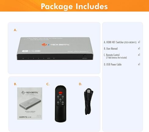HDMI Switch 4K 120hz, HDMI 2.1 Switch 4 in 1 Out, 8K 60Hz 1080P 240Hz IR Remote HDMI Auto Switch USB C Power Cable, Compatible with HDR & Dolby Vision ALLM VRR QFT by J-Tech Digital [JTECH-8KSW41C] in Saudi Arabia