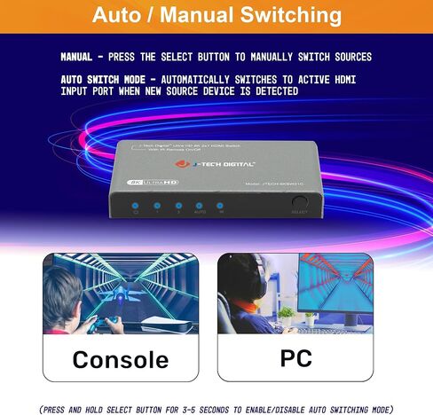 محول HDMI 4K 120 هرتز، HDMI 2.1 محول 4 في 1 مخرج، 8K 60 هرتز 1080P 240 هرتز IR عن بعد HDMI كابل طاقة USB C، متوافق مع HDR وDolby Vision ALLM VRR QFT من J-Tech Digital [JTECH-8KSW41C] in Saudi Arabia