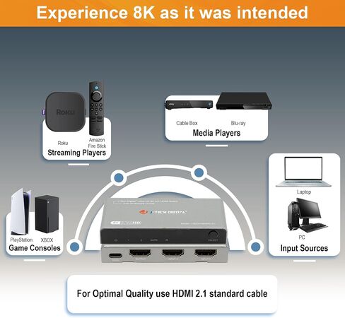 محول HDMI 4K 120 هرتز، HDMI 2.1 محول 4 في 1 مخرج، 8K 60 هرتز 1080P 240 هرتز IR عن بعد HDMI كابل طاقة USB C، متوافق مع HDR وDolby Vision ALLM VRR QFT من J-Tech Digital [JTECH-8KSW41C] in Saudi Arabia