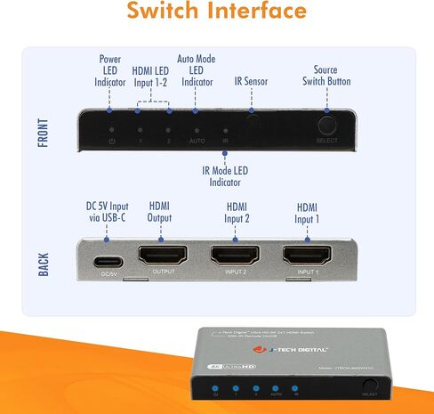 محول HDMI 4K 120 هرتز، HDMI 2.1 محول 4 في 1 مخرج، 8K 60 هرتز 1080P 240 هرتز IR عن بعد HDMI كابل طاقة USB C، متوافق مع HDR وDolby Vision ALLM VRR QFT من J-Tech Digital [JTECH-8KSW41C] in Saudi Arabia
