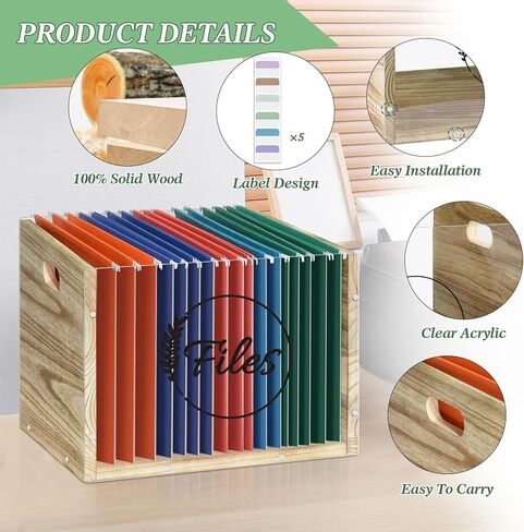 صندوق منظم ملفات من الأكريليك الشفاف، منظم مجلد خشبي معلق بمقبض، حامل صندوق تخزين منظم ورق المستندات، خزائن ملفات للمنزل والمكتب والمدرسة مع 20 فئة بحجم الحروف in Kuwait