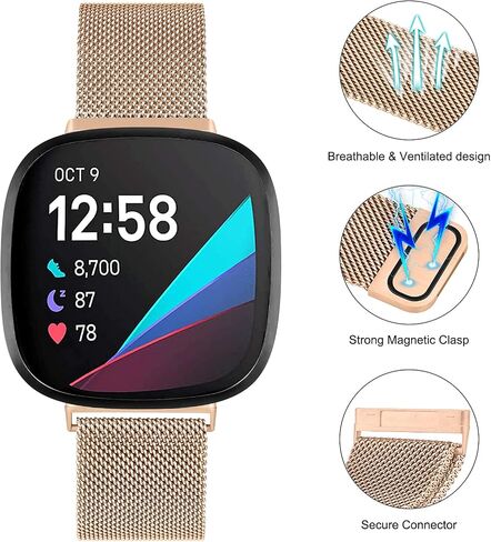 Amzpas Bands Compatible with Fitbit Versa 3/4 Fitbit Sense/Sense 2, Breathable Stainless Steel Loop Mesh Magnetic Adjustable Wristband for Fitbit Versa 3/4 Fitbit Sense/Sense 2for Women and Men in Saudi Arabia