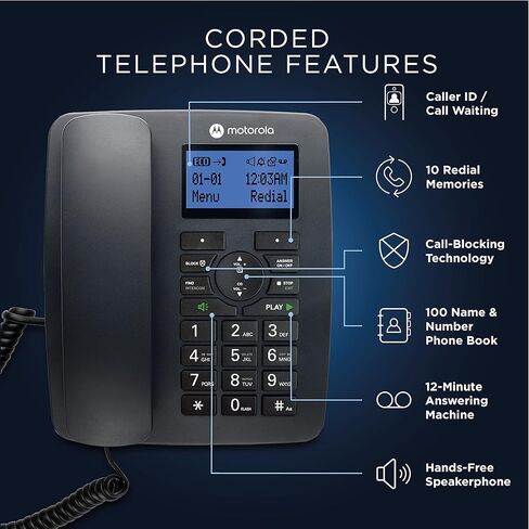 Motorola Voice C42 Corded Phone System + 1 Digital Cordless Handset w/Answering Machine, Call Block - Black (C4201) in Saudi Arabia