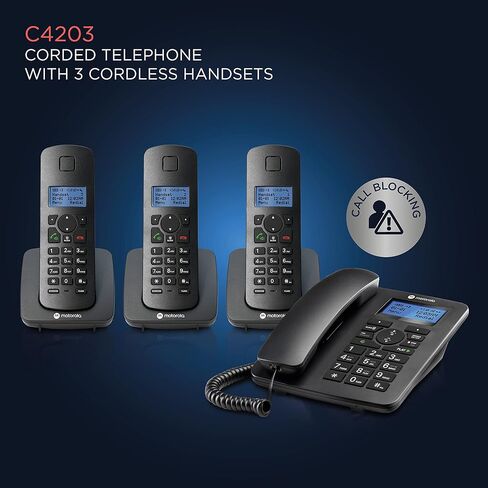Motorola Voice C42 Corded Phone System + 1 Digital Cordless Handset w/Answering Machine, Call Block - Black (C4201) in Saudi Arabia