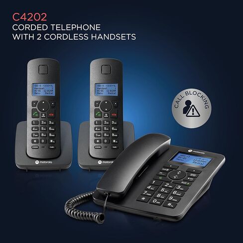 Motorola Voice C42 Corded Phone System + 1 Digital Cordless Handset w/Answering Machine, Call Block - Black (C4201) in Kuwait
