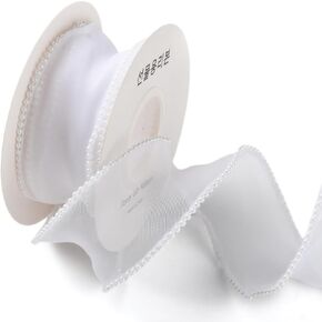 5 Yards 1 1/2 Inch White Faux Pearl Edge Ribbon Organza Mesh Smooth Ribbon Fishtail Sheer Transparent Ribbons Bundle Rolls with Spool for Sewing Making Crafts Corsage Wedding Invition Supply
