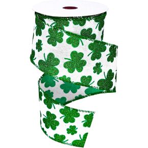 St. Patrick's Day Glitter Wired Edge Ribbon 2.5 Inch Green Shamrock Fabric Craft Ribbon for Bow Wreath Gift Wrap Spring Irish Holiday Home Decor, 10 Yards