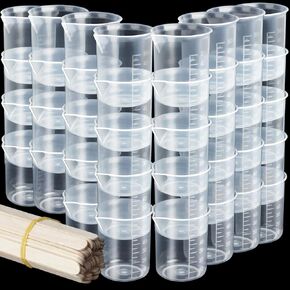 LEOBRO 50ml/1.7oz Epoxy Mixing Cups, 38PCS Graduated Epoxy Resin Cups, Resin Mixing Cups, Beaker, Pouring Cup, Plastic Measuring Cup for Resin, Epoxy, Acrylic Paint, with 40 PCS Wood Craft Sticks