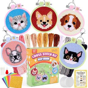 Caydo 5 PCS Cross Stitch Kits for Kids with Cats and Dogs Patterns Stamped Cross Stitch Kits for Beginners DIY Key Chain, Backpack Charms, Craft Ornaments