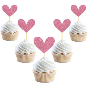 24Pcs Glitter Pink Heart Cupcake Toppers for Valentine's Day Decorations, Mixed Size Heart Valentine's Day Cupcake Toppers for Wedding Bridal Shower Party Decorations (Pink)