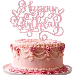 Gyufise 1Pcs Happy Birthday Cake Topper Glitter Happy Birthday Cake Pick for Celebrating Happy Birthday Anniversary Party Cake Decorations Supplies Pink