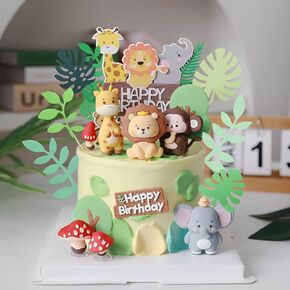 10 Pcs Jungle Safari Animal Cake Toppers with Elephant Giraffe Lion Monkey Glittery Tropical Leaves, Cute Jungle Animals Cake Decoration for Jungle Themed Party Birthday Party