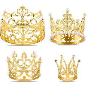 4 PCS Gold Crown Cake Toppers, Mini Crowns for Flower Bouquets Crystal Pearl Tiara Queen Princess Cake Decorations for Birthday Wedding Party Decor