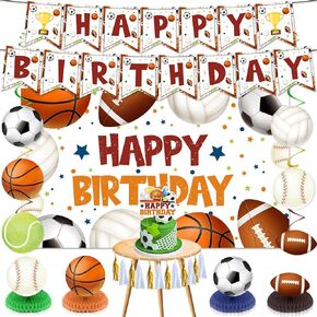 Sports Birthday Decorations,Sports Happy Birthday Banner Backdrop,Honeycomb Centerpieces,Cake Toppers,Hanging Swirls for Boys Girls Kids Men Women Sports Theme Birthday Party Supplies Decor Favors