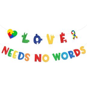 Autism Awareness Banner Love Needs No Words Banner Colorful Puzzle Piece Banner Loveheart Puzzle Pieces April Autism Awareness Decorations