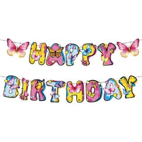 Butterfly Happy Birthday Banner Butterfly Birthday Party Decoration Garden Party Decorations Birthday Wishes Banner for Girl, Butterfly Themed Birthday Party Supplies