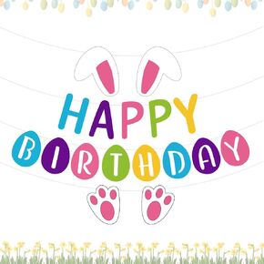 Bunny Happy Birthday Decorations Glitter Spring Easter Banner for Kids Boy Girl Baby Shower Party Supplies