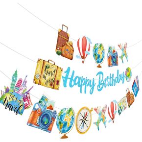Travel Party Banners 3Pcs Happy Birthday Banners Ourdoor Cutout Garland Banners for Boy Girls Theme Baby Shower Birthday Party Supplies