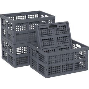 4-Pack Folding Storage Bin, 32 Liter Plastic Collapsible Crates