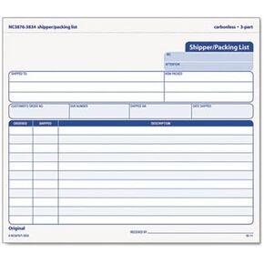 Snap-Off Shipper/Packing List, 8 1/2 x 7, Three-Part Carbonless, 50 Forms, Sold as 50 Set