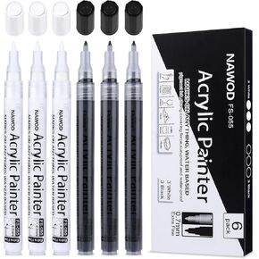 NAWOD Paint Pens White Black Acrylic Marker 6 Pack, Acrylic Permanent Marker, White Paint Pens for Rock Ceramic Wooden Leather Glass Painting Metal Tire, 0.7mm Extra Fine Point Quick Drying