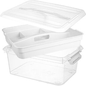20 QT Plastic Storage Box with Removable Tray, Portable Craft Organizers and Storage Bins with Lid, Clear Art Storage Container for Organizing Sewing, Crayon, Tool, Playdoh (White)
