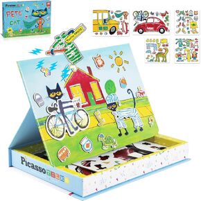 PicassoTiles Pete The Cat Board Game Puzzle Activity Play Book Magnet Mix and Match Cartoon Toy Playset with Storage Reusable Magnetic Figures Storytelling STEM Education Learning Kids Ages 3+ PTC02