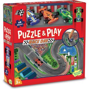 Peaceable Kingdom Puzzle & Play: Race Day - Floor Puzzle for Kids Ages 3 and Up - Includes 3 Wooden Vehicles to Zoom Around The Race Track Puzzle for a Double Dose of Fun - Measures 26" x 36"